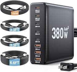 380W USB C Charger Block,with 4 USB Cables 8-Port USB C Charging Station Dual 100W Laptop Charger Fast Charger Type C Charging Block for MacBook Pro, Dell XPS, iPhone, iPad, Tablet (Bright Black)