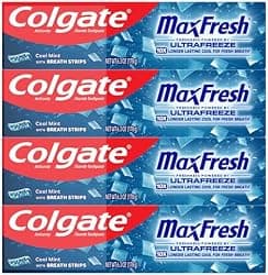 Colgate MaxFresh Cool Mint Toothpaste Pack, Fresh Breath Toothpaste with Fluoride and Hundreds of Mini Breath Strips, Leaves Mouth Feeling Refreshed for Hours, 4 Pack, 6.3 oz