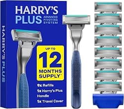 Harry's Plus Razor and Blade Value Pack, 1 Razor Handle (Tide), 9 Razor Blade Refill Cartridges- German Engineered- Up to 12 Months of Smooth Shaving
