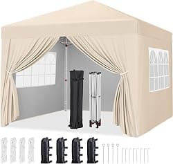Yaheetech 10x10 Pop Up Canopy with 4 Removable Sidewalls, Portable Enclosed Instant Tent, Waterproof Outdoor Tent, Beach Sun Shelter with 4 Sandbags, 12 Stakes & 4 Ropes, Beige