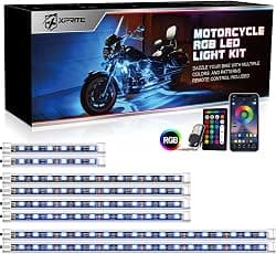 Xprite Motorcycle RGB LED Light Kit Waterproof w/Wireless Remote Control Underglow Neon Lights Strips Red Brake Lamp Function for Harley Davidson Honda Kawasaki Suzuki 8PCS