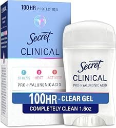 Secret Clinical Strength 100HR Sweat & Odor, Clear Gel Antiperspirant Deodorant for Women, 3X Stress Protection with Hyaluronic Acid, PH Balancing Minerals, Completely Clean Scent, 1.6 oz