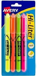 Avery Hi-Liter Pen-Style Highlighters, Smear Safe Ink, Chisel Tip, 4 Assorted Color Highlighters (23545)