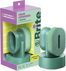 Brite by Scotch-Brite Palm Scrubber with Drain + Dry Stand, Household and Kitchen Sponge for Washing Dishes with Comfy Grip, 1 Scrub Sponge with Soap Dispenser