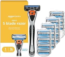 Amazon Basics 5-Blade MotionSphere Men's Razor with Dual Lubrication, Vitamin E, Precision Trimmer, 1 Handle & 16 Cartridges, Black