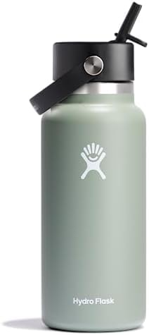 Hydro Flask Water Bottle - Insulated Stainless Steel - Wide Mouth Flex Straw Lid, Non Spill, Leakproof and Refillable in Agave 32 Oz