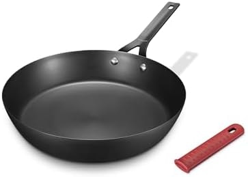 Yonida Carbon Steel Pan, 10 Inch Nonstick Frying Pan Skillet, Pre-Seasoned Carbon Steel Cookware with Removable Silicone Handle Holder, Indoor/Outdoor, Induction & Oven Safe