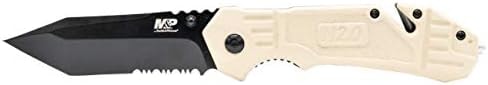 Smith & Wesson M&P FDE 8.2in High Carbon S.S. Spring Assisted Folding Knife with 8in Serrated Tanto Blade and Rubberized Handle for Outdoor Survival and EDC,Black