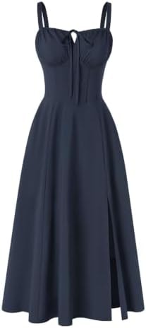 Women 2026 Corset Dress Milkmaid Slit Midi Sundress Navy Blue M