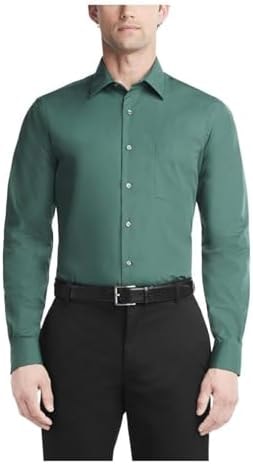 Van Heusen Men's Dress Shirt Fitted Poplin Solid, Dark Leaf, 18" Neck 36"-37" Sleeve