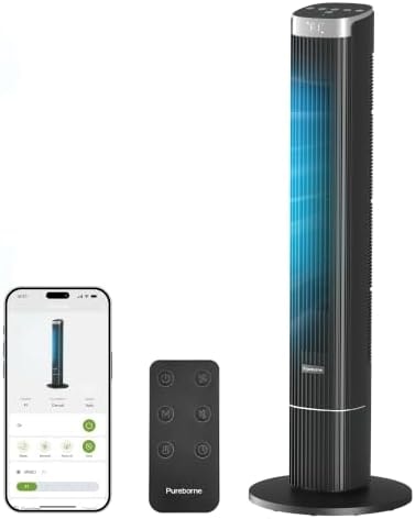 Pureborne 42” Tower Fan for Home Bedroom, WiFi, 25dB Ultra-Quiet, Black