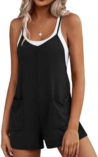 Ekouaer Rompers for Women Summer Casual Sleeveless Short Overalls Boho Spaghetti Strap Shorts Jumpsuit with Pockets