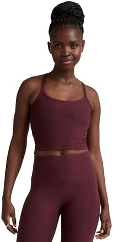 Beyond Yoga Women's Spacedye Slim Racerback Cropped Tank, Midnight Burgundy Heather, Large