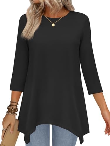 JUSTFASHIONNOW Black 3/4 Length Sleeve Tunic Tops for Women Loose Fit Dressy Casual Blouses Shirts with Asymmetrical Hem（Black，Large
