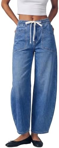 GRAPENT Women Jeans Barrel Pants 27.5 in Inseam Stretchy Denim Medium Blue