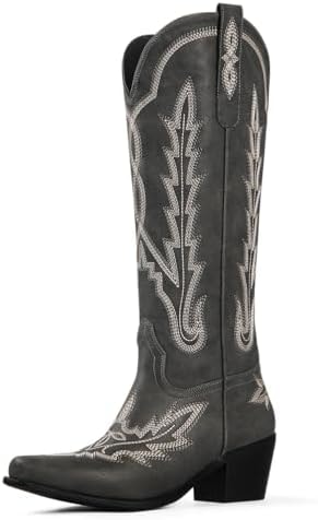 Ouepiano Black Cowboy Boots for Women Knee High Cowgirl Boots