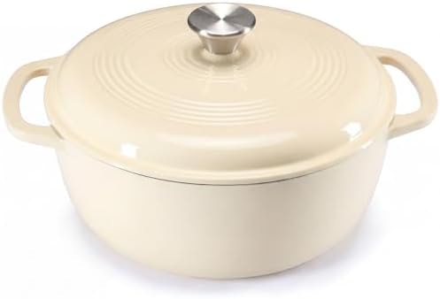 NEWBULIG Cast Iron Dutch Oven, 6 Quart Enamel Dutch Oven Pot with Lid, Heavy Duty Cookware for Sourdough Bread, Braising, Stews, Roasting, Safe up to 500°F, Beige