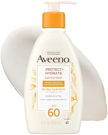Aveeno Protect + Hydrate Sunscreen Lotion for Body & Face with Prebiotic Oat, SPF 60 Broad Spectrum Sunscreen, Paraben, & Oil Free, Water & Sweat Resistant (80-min) for Sensitive Skin, 12 FI Oz