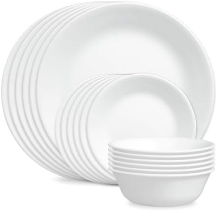 Corelle Vitrelle 18-Piece Service for 6 Dinnerware Set Triple Layer Glass and Chip Resistant, Lightweight Round Plates and Bowls Set, Winter Frost White