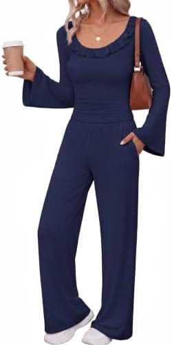Ekouaer Women's 2 Piece Lounge Sets Bell Long Sleeve Pajamas Outfits