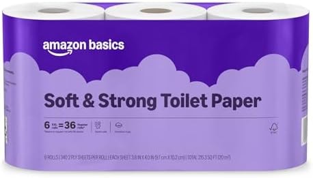 Amazon Basics Soft and Strong 2-Ply Toilet Paper, 6 Ultra Rolls = 24 Regular Rolls, Unscented, 340 Sheet (1 Pack of 6), Packaging May Vary