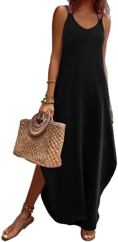 Zeagoo Vacation Dresses for Women Black Dress for Women 2026 Vacation Spaghetti Strap V Neck Maxi Dresses Black XXL