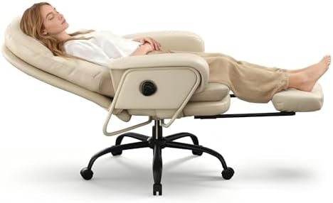 FLEXISPOT Multi-Task Ergonomic Office Chair with Footrest Computer Desk Chairs Indoor Lounge Chair with 90-165°4-Level Reclining, Chairs for Working Relaxing, PU Leather, Beige White, Basic Back