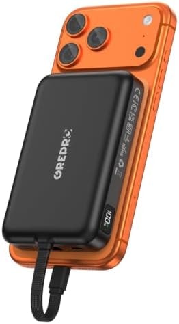 GREPRO Magnetic Power Bank, 10000mAh Built-in 22.5W USB-C Cable for iPhone