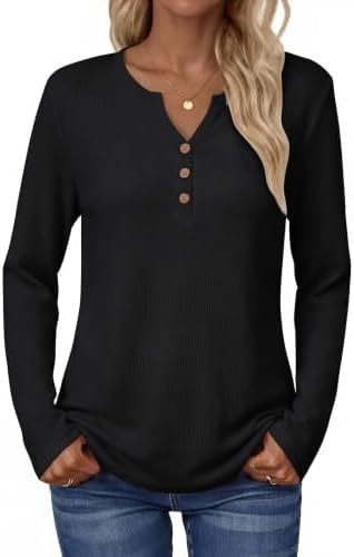 Zeagoo Waffle Knit Tops for Women 2026 Fall Basic V Neck Blouses Dressy Casual Long Sleeve Tunic Tops L Black