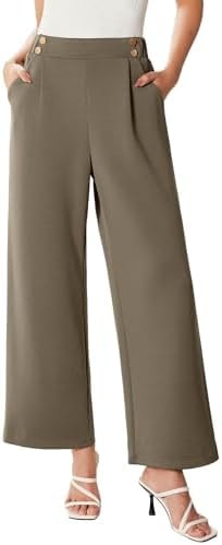 EVALESS Womens Wide Leg Work Pants Straight Elastic High Waisted Double Button Pleated Dress Pants Comfy Flowy Business Casual Outfits 2026 Fall Trousers Slacks with Pockets Light Khaki Small