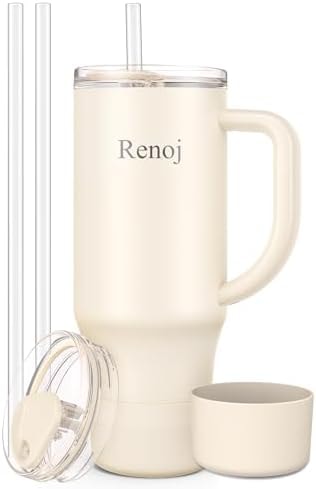 Renoj Insulated Mug 100% Spill Resistant Insulated Water Bottle for Iced Coffee & Hot Drinks - Fits Car Cup Holder, Ideal Gift, 2 Straws & Silicone Boot - FlexSlide White 32 oz