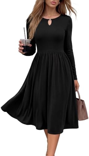 KIRUNDO Fall Dresses for Women 2026 Midi Long Sleeve Dress,Black,S