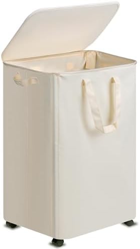 Vincona Slim Laundry Hamper with Lid and Wheels, Small Rolling Laundry Basket with Handle for Small Spaces, Tall Dirty Clothes Hampers for Dorm, Bathroom and Bedroom, 95L, Beige