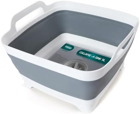 FOSJGO Collapsible Dish Basin with Drain Plug, Foldable Sink, 2.4 Gal (9L)