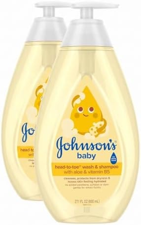 Johnson's Baby Head-To-Toe Baby Wash&Shampoo + Aloe&Vitamin B5, 2-in-1 Bath Wash Gently Cleanses Newborn's Delicate Skin&Hair,Hypoallergenic,No Added Parabens,Dyes-&Sulfates, 27.1 fl. Oz (Pack of 2)