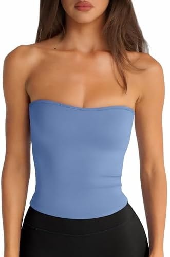 LASLULU Womens Bandeau Tube Top Cropped Workout Athletic Shirts Sexy Basic Strapless Yoga Gym Pilates Tops Y2K Summer Fashion 2026(Sky Blue Large)