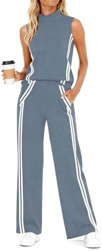 Casly Lamiit Lounge Wear for Women 2 Piece Set Travel Outfits Casual Sweat Suit Track Activewear Mock Neck Sleeveless Top Wide Leg Pants Grey Blue L