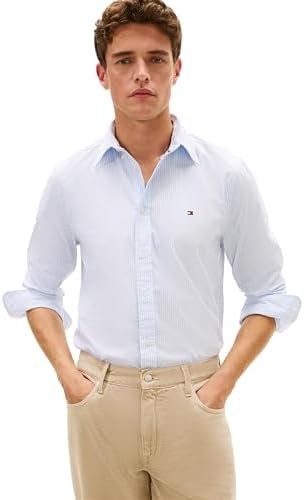 Tommy Hilfiger Mens Long Sleeve Poplin Shirts in Regular Fit, Men's Button Down Shirts, Also Available in Big and Tall Light Blue/Stripe XX-Large