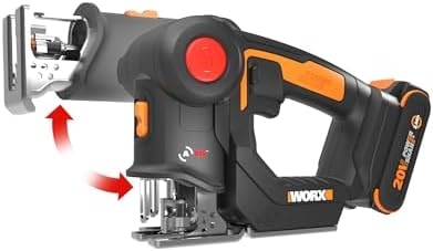 WORX Cordless Reciprocating Saw&Jigsaw, 20V ¾" 2-in-1 Saw, ¾" Stroke Length, 2-in-1 functions, 4 Blades for Different Materials, Compact&Lightweight Design, Battery and Charger Included, PowerShare