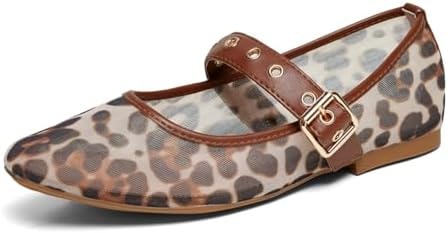 hingswink Mary Jane Shoes Women Square Toe Ballet Flats,MeshLeopard8