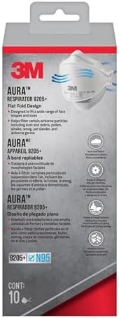 3M Aura Particulate Respirator 9205+, N95 Disposable Respirator, Use For Sanding, Sawing, Yard Work, Dusting, Mowing, Raking, Curved, Low-profile, 3-panel Design for Easy Facial Movements, 10pk