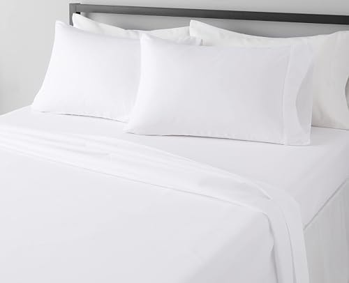 Amazon Basics Lightweight Super Soft Breathable Wrinkle-Resistant Microfiber 4-Piece Bed Sheet Set with 14-Inch Deep Pockets, Queen, Bright White, Solid
