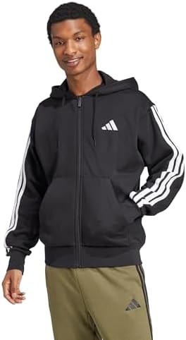 adidas Men's Essentials 3-Stripes Fleece Hoodie, Black/White, Medium
