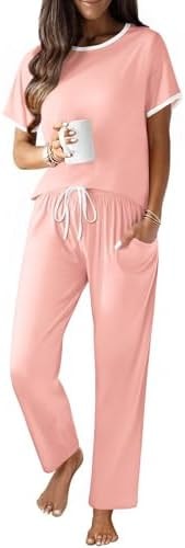 Ekouaer Cotton Pajamas for Women 2 Piece Short Sleeve Top with Long Pants