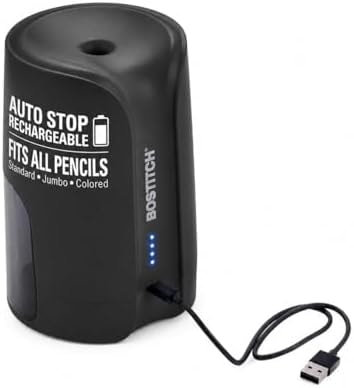 Bostitch Portable Rechargeable Battery Vertical Pencil Sharpener Helical Blade for No.2/Colored Pencils, Black