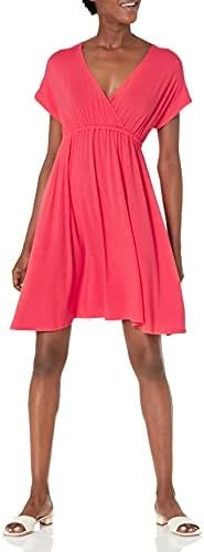 Amazon Essentials Women's V Neck Elastic Waist Surplice Dress (Available in Plus Size), Red, X-Large