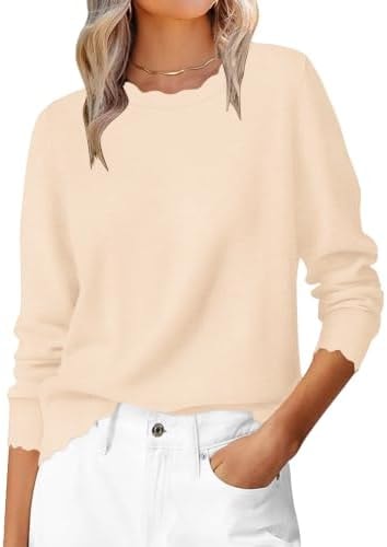 LOMON Sweaters for Women Fall Scalloped Long Sleeve Pullover