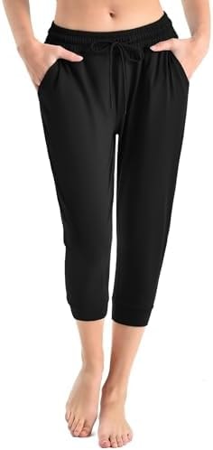Walifrey Capri Pants for Women with Pockets, Cropped Joggers Black L