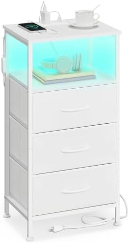 SONGMICS Nightstand with Charging Station, 3 Fabric Drawers