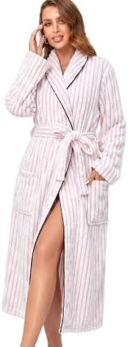 RONGTAI Ribbed Plush Robe Women | Black Trim Long Bathrobe Plus Size(XL,Pink)